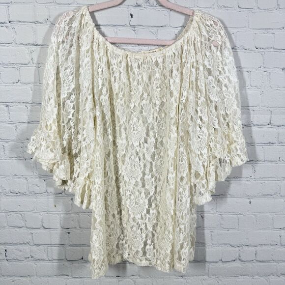 Tunic Women Plus 2X Ivory Short Bell Sleeve Lace Cottage Fairy Transparent Top - Picture 1 of 9